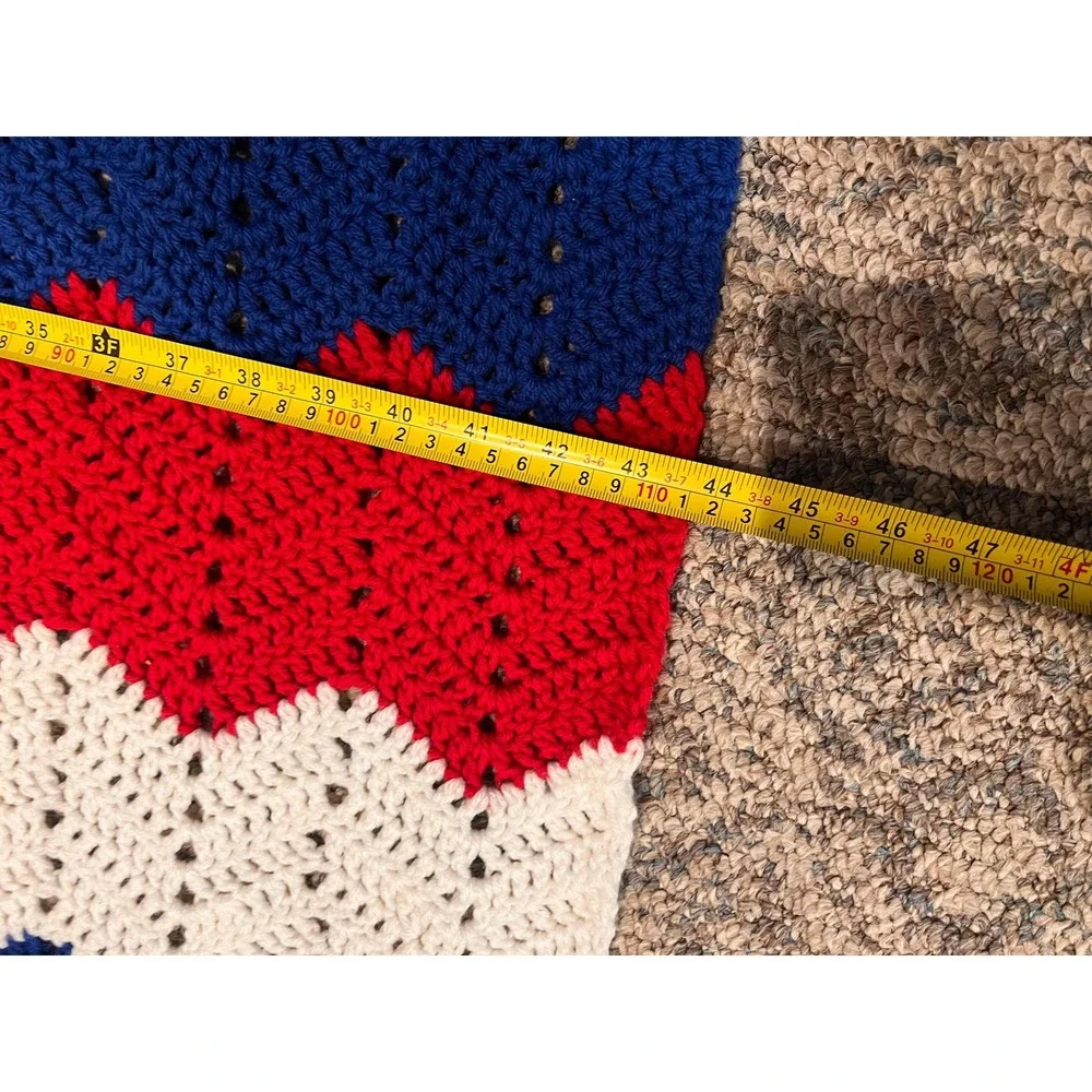 VTG Handmade Crochet Ripple Throw Blanket Chevron Afghan Patriotic Americana